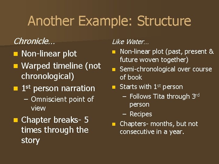 Another Example: Structure Chronicle… Like Water… Non-linear plot n Warped timeline (not chronological) n