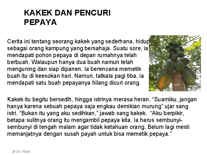 KAKEK DAN PENCURI PEPAYA Cerita ini tentang seorang kakek yang sederhana, hidup sebagai orang