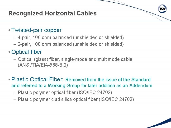 Recognized Horizontal Cables • Twisted-pair copper – 4 -pair, 100 ohm balanced (unshielded or