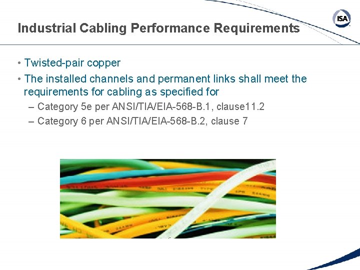 Industrial Cabling Performance Requirements • Twisted-pair copper • The installed channels and permanent links