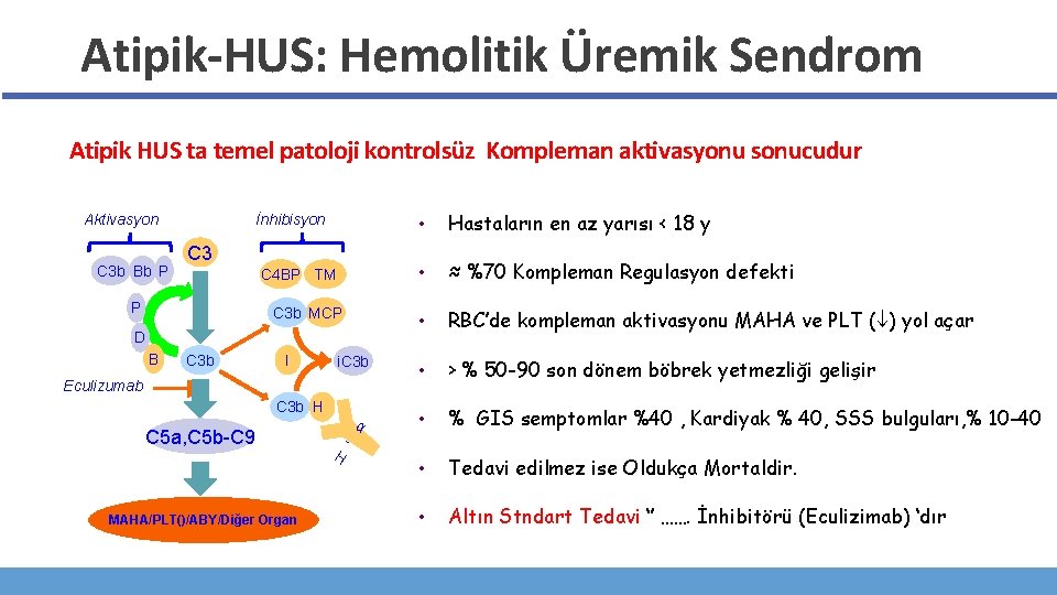 Atipik-HUS: Hemolitik Üremik Sendrom Atipik HUS ta temel patoloji kontrolsüz Kompleman aktivasyonu sonucudur Aktivasyon