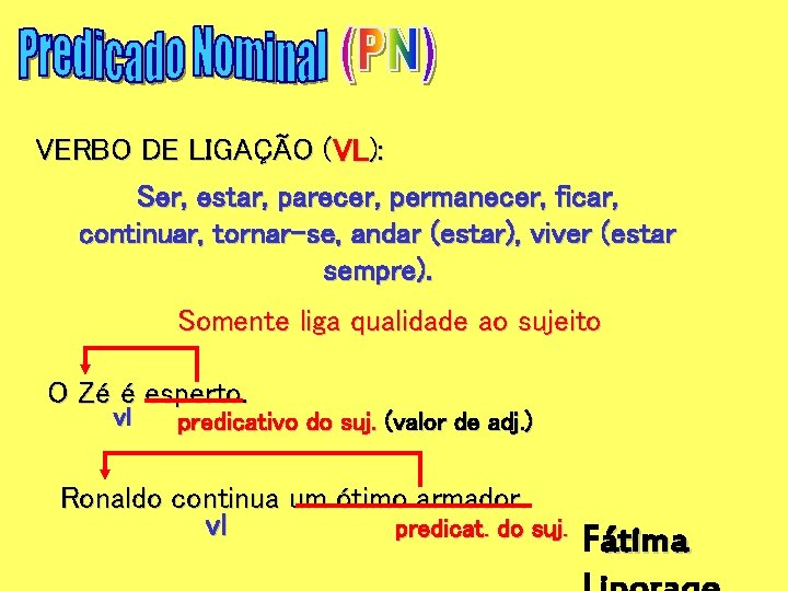 VERBO DE LIGAÇÃO (VL): Ser, estar, parecer, permanecer, ficar, continuar, tornar-se, andar (estar), viver