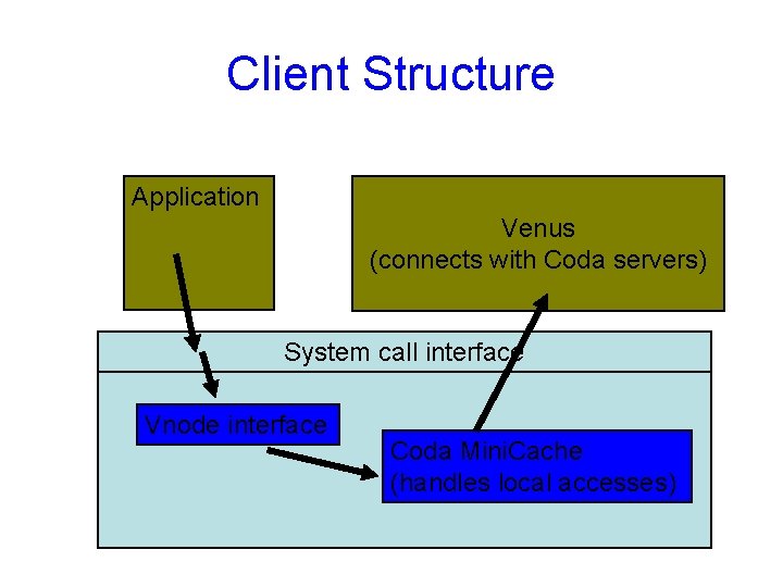 Client Structure Application Venus (connects with Coda servers) System call interface Vnode interface Coda