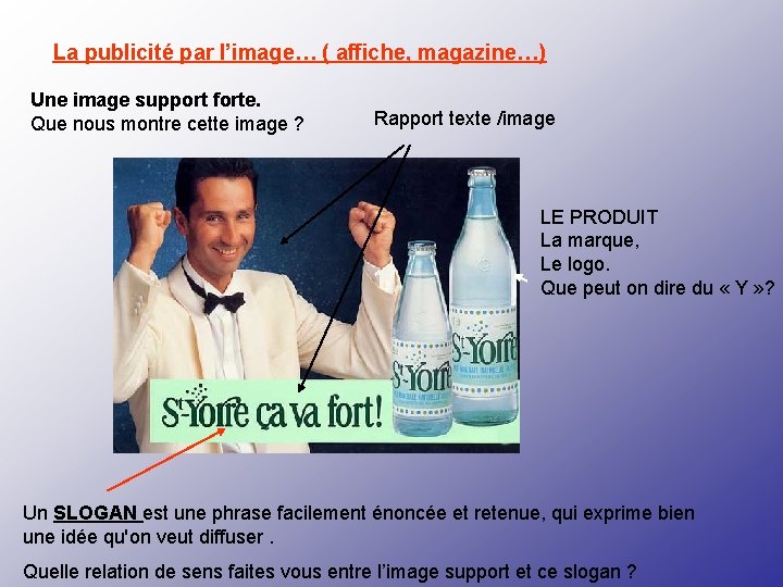 La publicité par l’image… ( affiche, magazine…) Une image support forte. Que nous montre