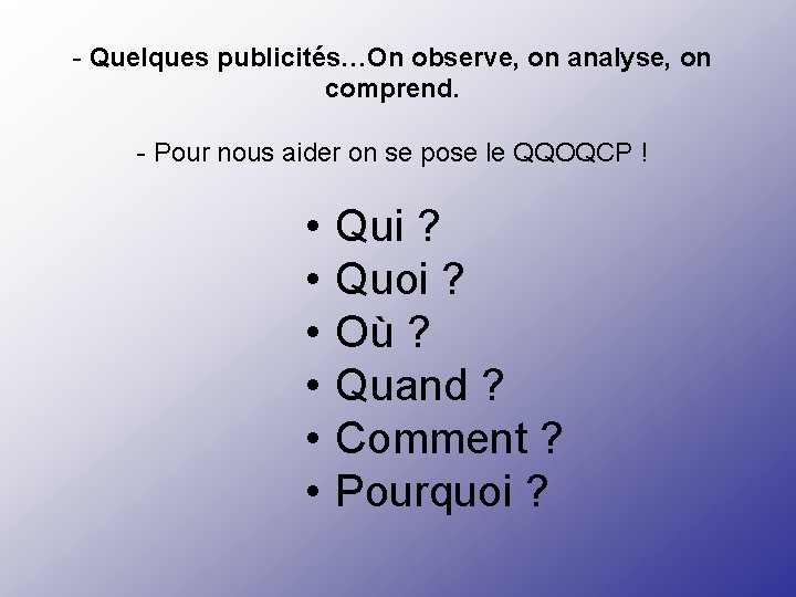 - Quelques publicités…On observe, on analyse, on comprend. - Pour nous aider on se