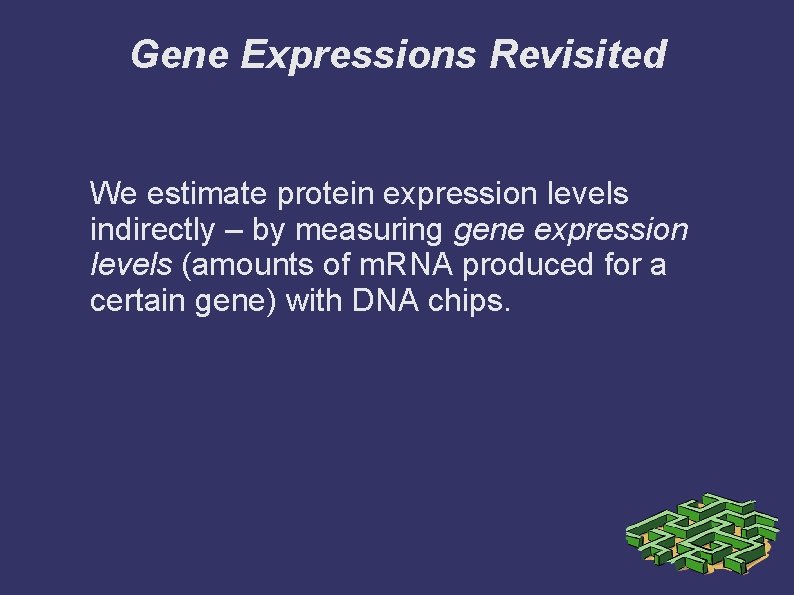 Gene Expressions Revisited We estimate protein expression levels indirectly – by measuring gene expression