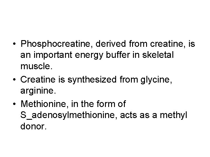  • Phosphocreatine, derived from creatine, is an important energy buffer in skeletal muscle.