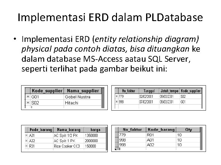 Implementasi ERD dalam PLDatabase • Implementasi ERD (entity relationship diagram) physical pada contoh diatas,