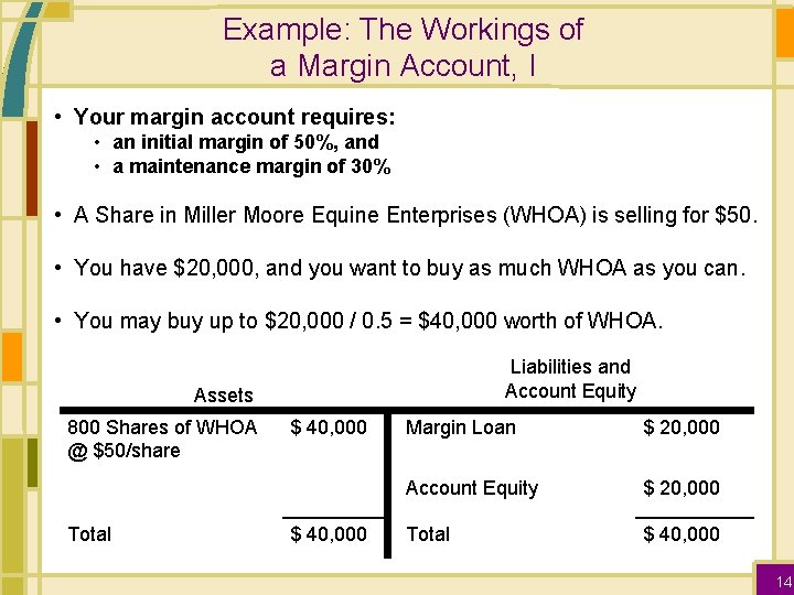 Example: The Workings of a Margin Account, I • Your margin account requires: •