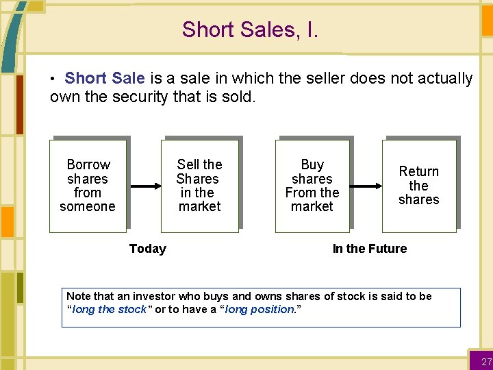 Short Sales, I. • Short Sale is a sale in which the seller does