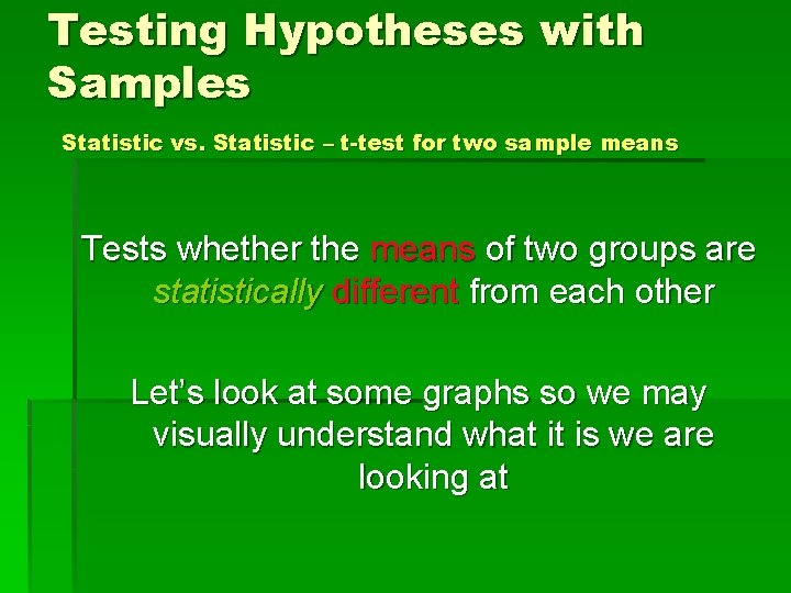 Testing Hypotheses with Samples Statistic vs. Statistic – t-test for two sample means Tests