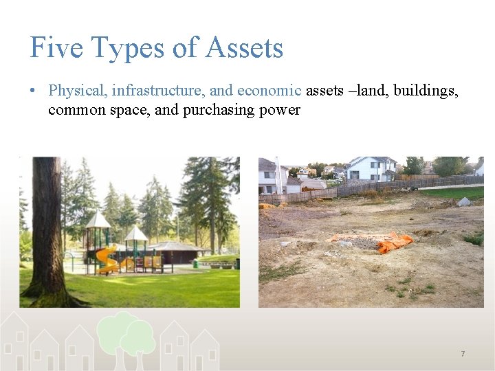 Five Types of Assets • Physical, infrastructure, and economic assets –land, buildings, common space,