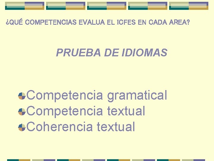 ¿QUÉ COMPETENCIAS EVALUA EL ICFES EN CADA AREA? PRUEBA DE IDIOMAS Competencia gramatical Competencia