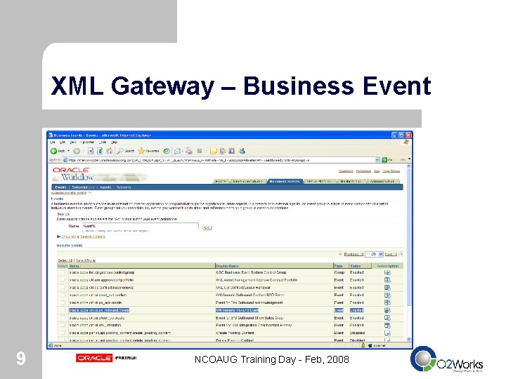 XML Gateway – Business Event 9 NCOAUG Training Day - Feb, 2008 