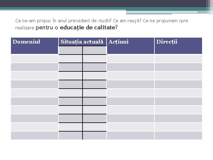 Ce ne-am propus în anul precedent de studii? Ce am reușit? Ce ne propunem Ce ne-am propus în anul precedent de studii? Ce am reușit? Ce ne propunem