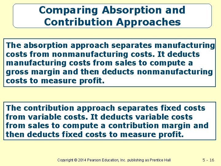 Comparing Absorption and Contribution Approaches The absorption approach separates manufacturing costs from nonmanufacturing costs.