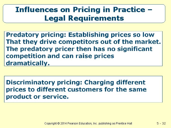 Influences on Pricing in Practice – Legal Requirements Copyright © 2014 Pearson Education, Inc.