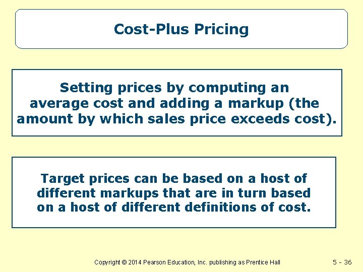 Cost-Plus Pricing Setting prices by computing an average cost and adding a markup (the