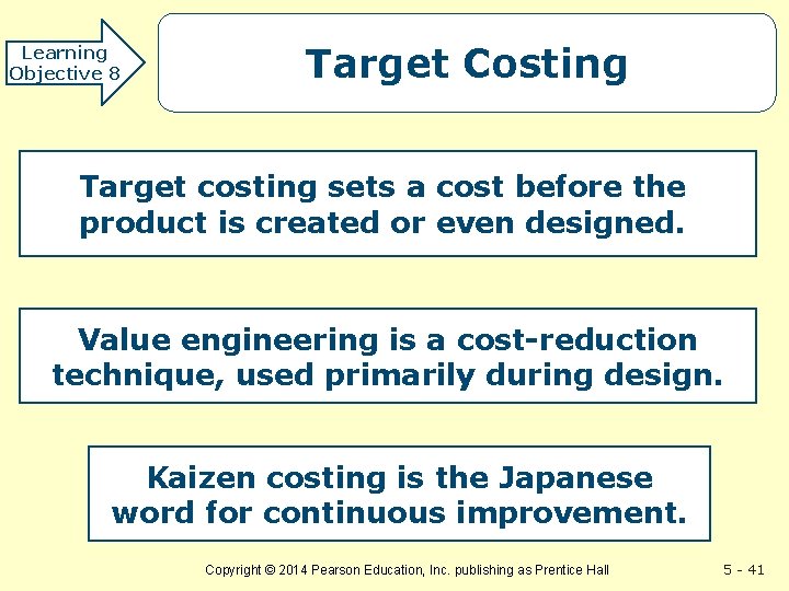 Learning Objective 8 Target Costing Target costing sets a cost before the product is
