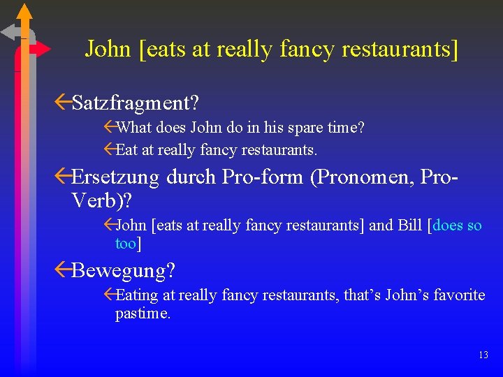 John [eats at really fancy restaurants] ßSatzfragment? ßWhat does John do in his spare
