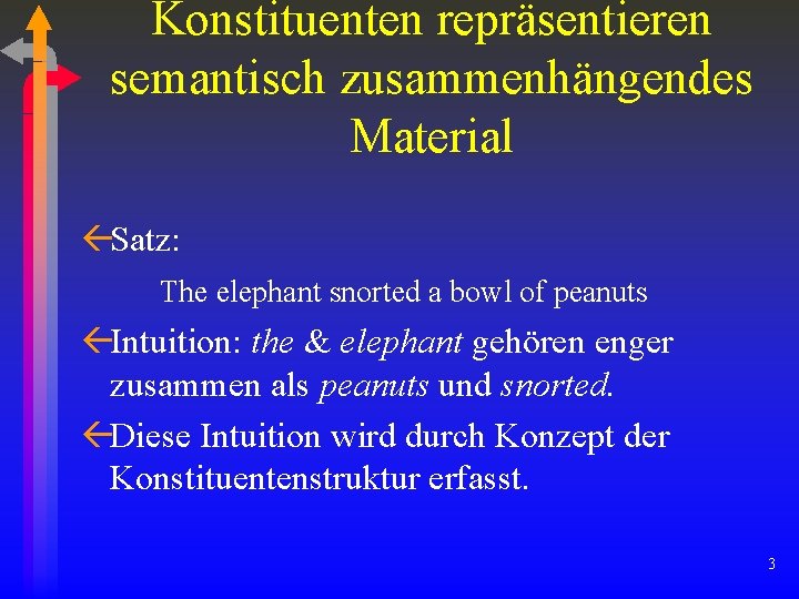Konstituenten repräsentieren semantisch zusammenhängendes Material ßSatz: The elephant snorted a bowl of peanuts ßIntuition: