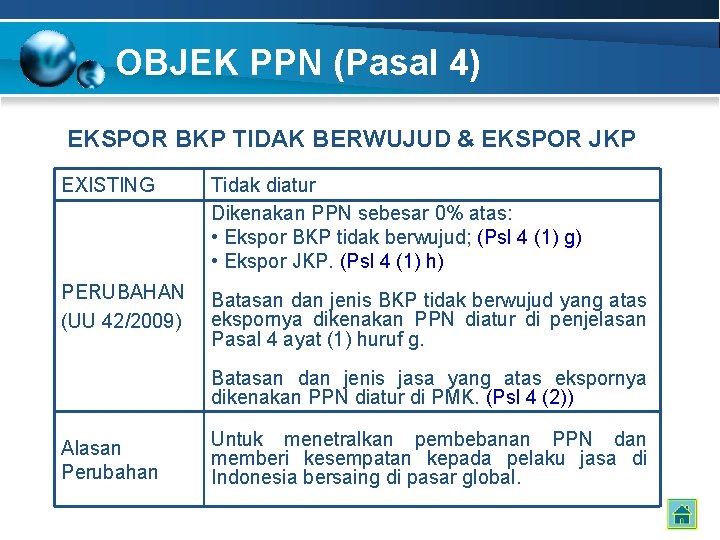 OBJEK PPN (Pasal 4) EKSPOR BKP TIDAK BERWUJUD & EKSPOR JKP EXISTING Tidak diatur