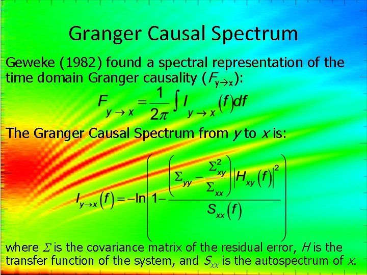 Granger Causal Spectrum Geweke (1982) found a spectral representation of the time domain Granger