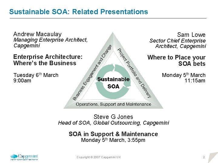 Sustainable SOA: Related Presentations Andrew Macaulay Sam Lowe Managing Enterprise Architect, Capgemini Sector Chief