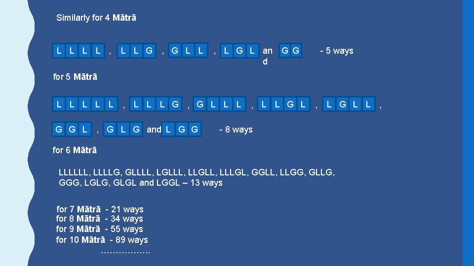 Similarly for 4 Mātrā L L , L L G , G L L