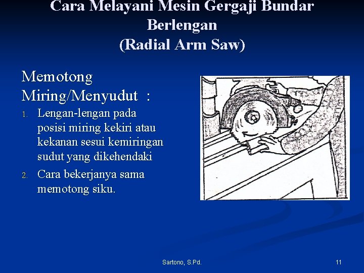 Cara Melayani Mesin Gergaji Bundar Berlengan (Radial Arm Saw) Memotong Miring/Menyudut : 1. 2.