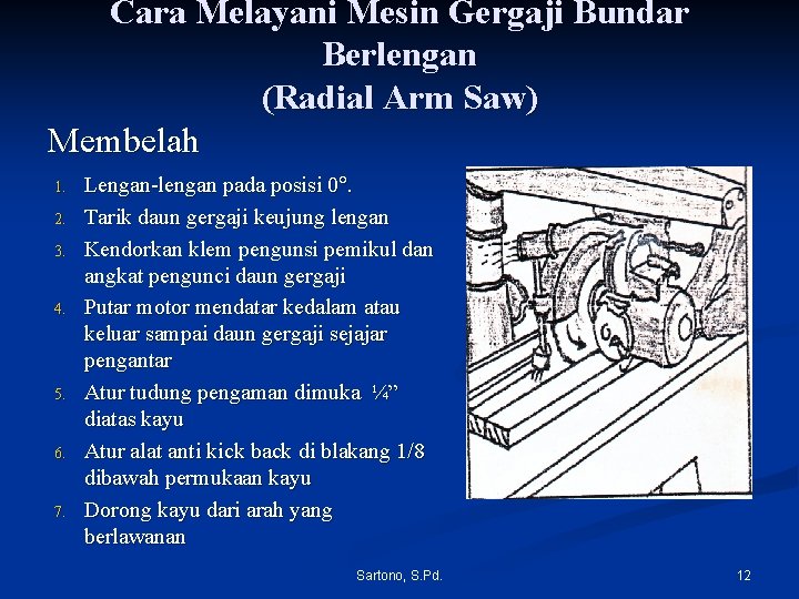 Cara Melayani Mesin Gergaji Bundar Berlengan (Radial Arm Saw) Membelah 1. 2. 3. 4.