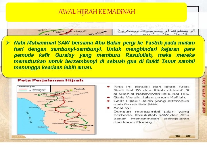 AWAL HIJRAH KE MADINAH Ø Nabi Muhammad SAW bersama Abu Bakar pergi ke Yastrib