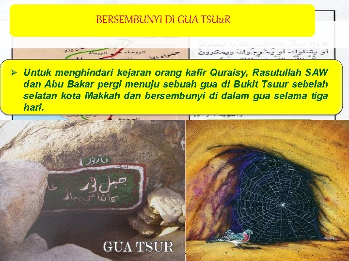 BERSEMBUNYI DI GUA TSUu. R Ø Untuk menghindari kejaran orang kafir Quraisy, Rasulullah SAW