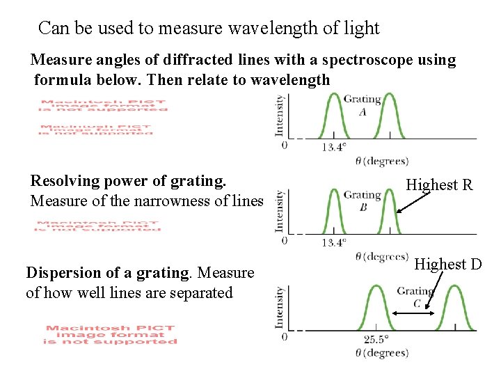 Can be used to measure wavelength of light Measure angles of diffracted lines with