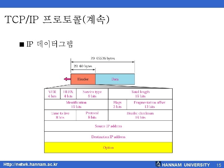 TCP/IP 프로토콜(계속) < IP 데이터그램 Http: //netwk. hannam. ac. kr HANNAM UNIVERSITY 15 