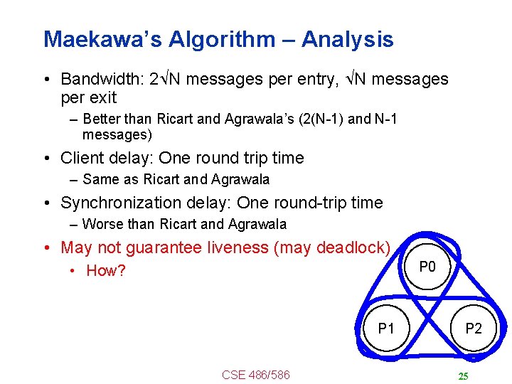 Maekawa’s Algorithm – Analysis • Bandwidth: 2 N messages per entry, N messages per