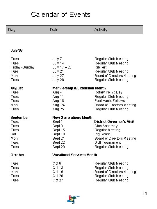 Calendar of Events Day Date Activity July/09 Tues Friday -Sunday Tues Mon Tues July