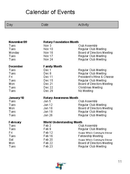 Calendar of Events Day Date Activity November/09 Tues Monday Tues Rotary Foundation Month Nov