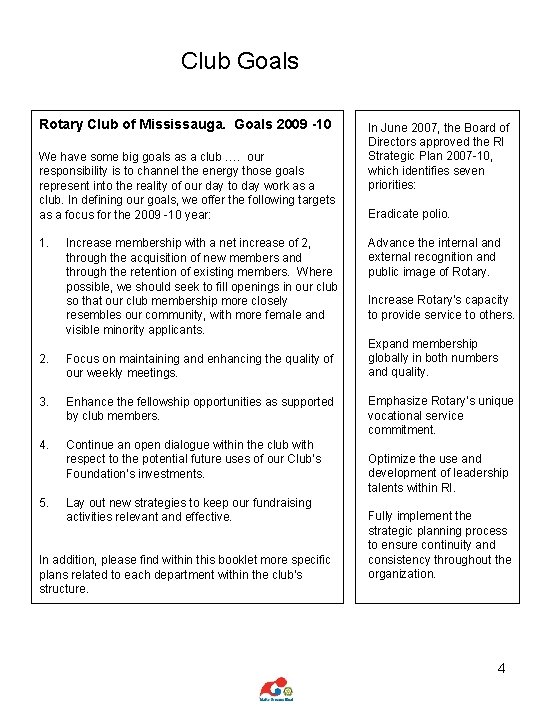 Club Goals Rotary Club of Mississauga. Goals 2009 -10 We have some big goals