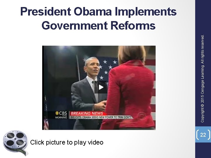 Copyright © 2015 Cengage Learning. All rights reserved. President Obama Implements Government Reforms 22