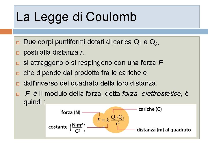 La Legge di Coulomb Due corpi puntiformi dotati di carica Q 1 e Q