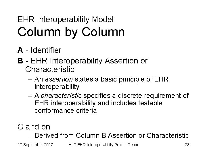 EHR Interoperability Model Column by Column A - Identifier B - EHR Interoperability Assertion