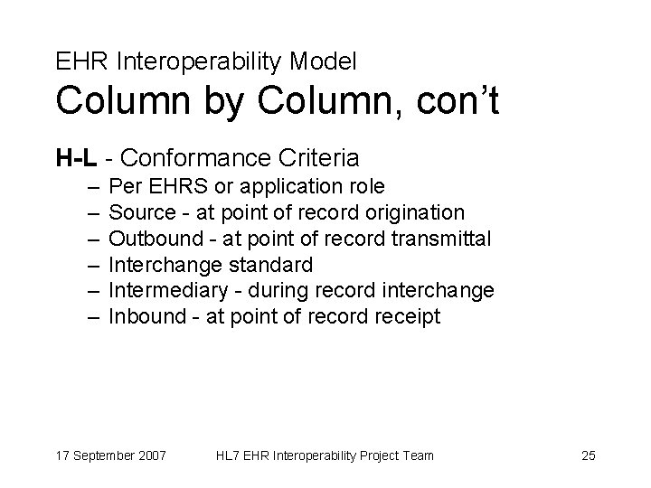 EHR Interoperability Model Column by Column, con’t H-L - Conformance Criteria – – –