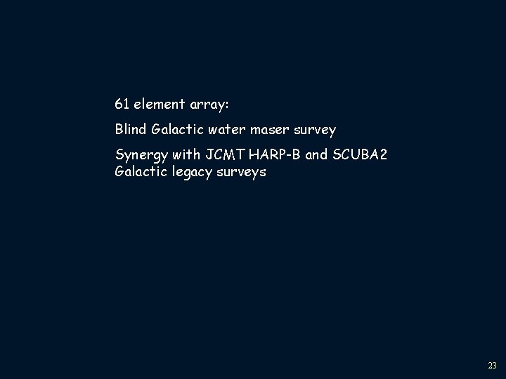 61 element array: Blind Galactic water maser survey Synergy with JCMT HARP-B and SCUBA