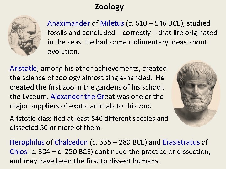 Zoology Anaximander of Miletus (c. 610 – 546 BCE), studied fossils and concluded –