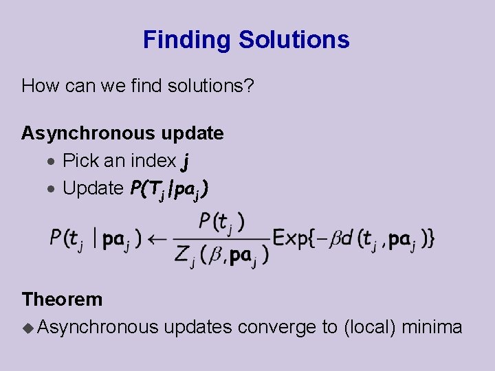 Finding Solutions How can we find solutions? Asynchronous update · Pick an index j