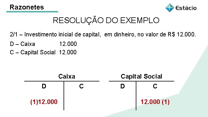 Razonetes RESOLUÇÃO DO EXEMPLO 2/1 – Investimento inicial de capital, em dinheiro, no valor