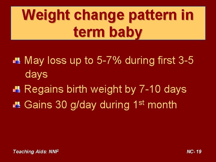 Weight change pattern in term baby May loss up to 5 -7% during first