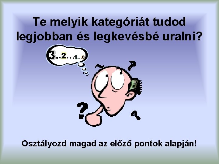 Te melyik kategóriát tudod legjobban és legkevésbé uralni? Osztályozd magad az előző pontok alapján!