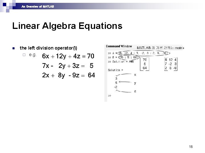 An Overview of MATLAB Linear Algebra Equations n the left division operator() ¨ e. An Overview of MATLAB Linear Algebra Equations n the left division operator() ¨ e.